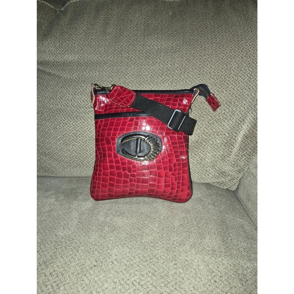 Raphael Red Croc-Embossed Leather  Crossbody Bag with Decorative Buckle